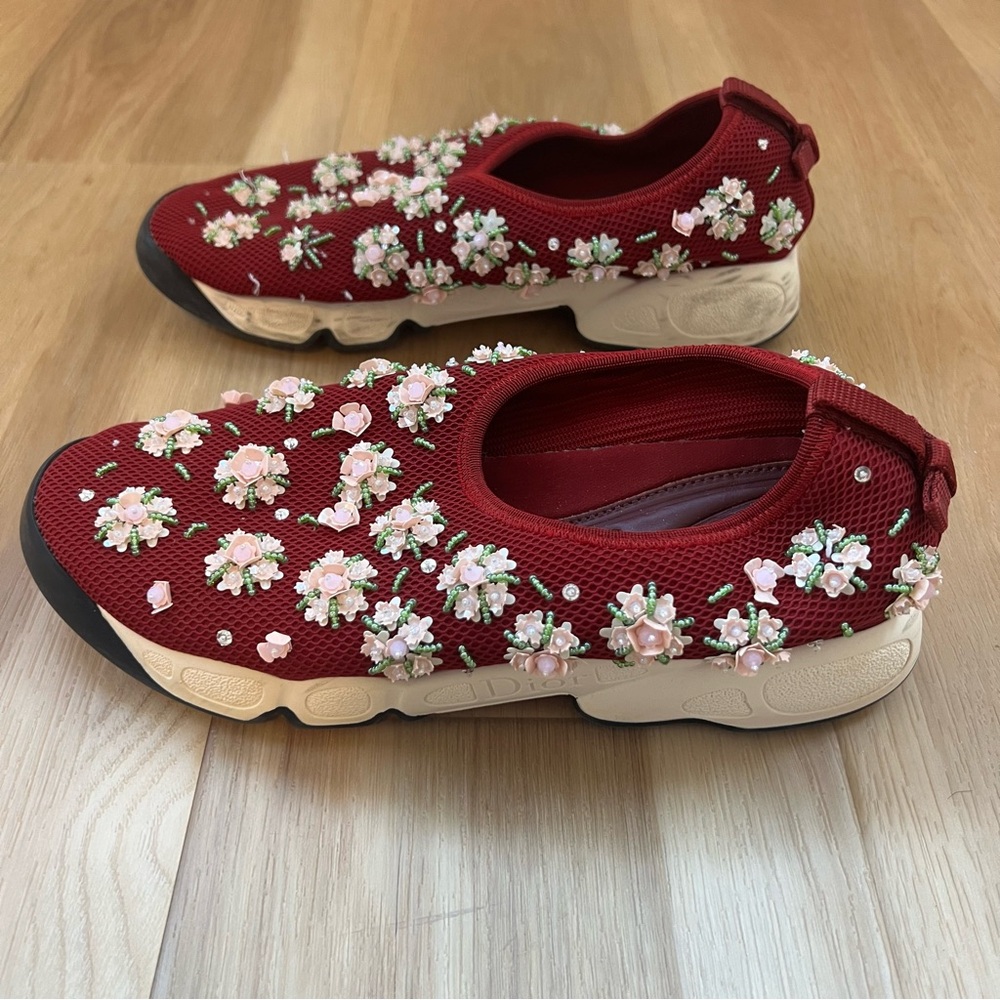 Authentic Dior Burgundy Slip On Sneakers Beaded Floral Design Size 38.5 - Picture 7 of 10